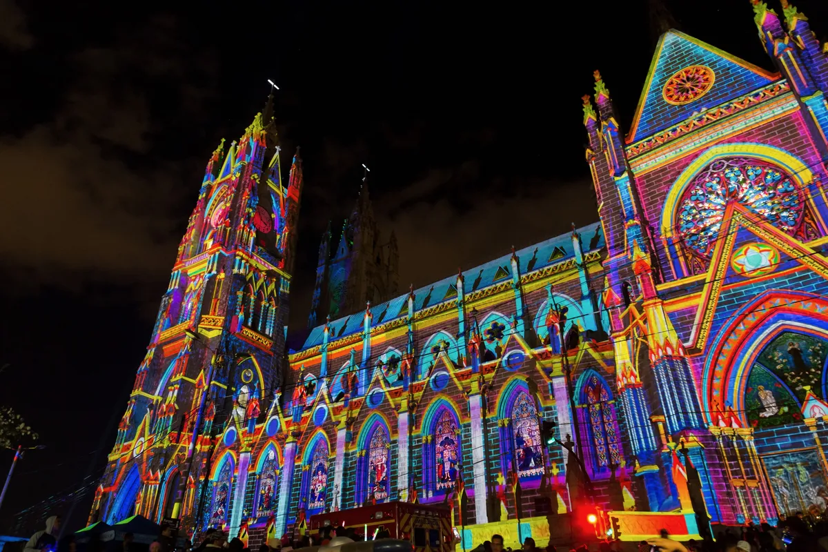 Basílica del Voto Nacional lit up at night, Quito, Ecuador — Nicolas Marincic