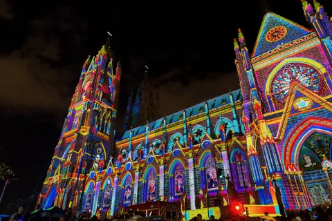 Basílica del Voto Nacional lit up at night, Quito, Ecuador — Nicolas Marincic