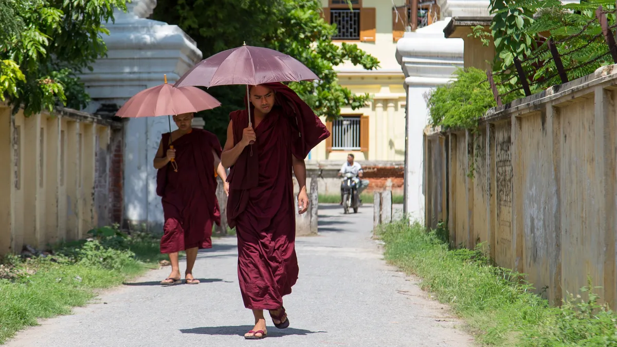 Monks under parasols along a lane, Burma — Nicolas Marincic
