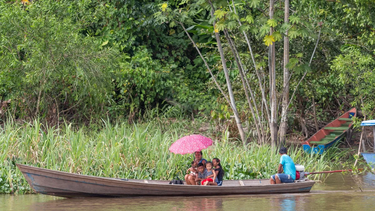 Canoe and pink umbrella among the reeds, Brazil — Nicolas Marincic