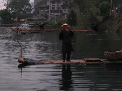 Cormorant fisherman silhouetted at dusk, Yangshuo, China — Nicolas Marincic
