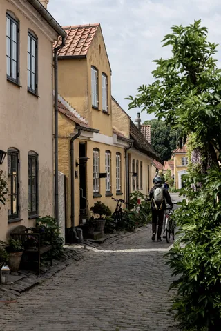 Ruelle pavée aux maisons jaunes et cycliste, Dragør, Danemark — Nicolas Marincic