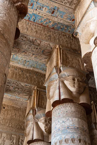 Hathor columns and blue ceiling, Dendera, Egypt — Nicolas Marincic