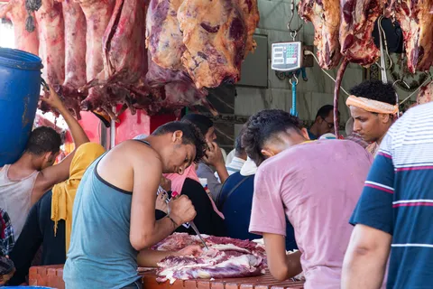Butchers at work beneath hanging carcasses, Egypt — Nicolas Marincic
