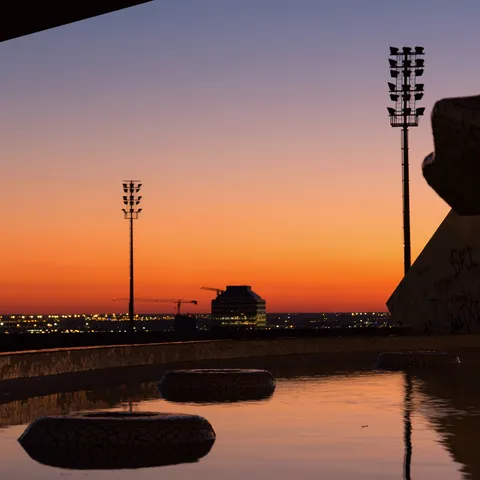 Sunset over Montjuïc reflected in the pools, Spain — Nicolas Marincic