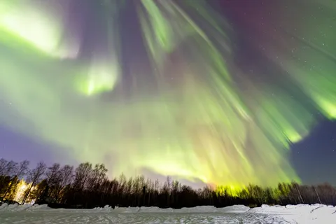 Couronne d’aurore jaillissant au-dessus des arbres, Finlande — Nicolas Marincic