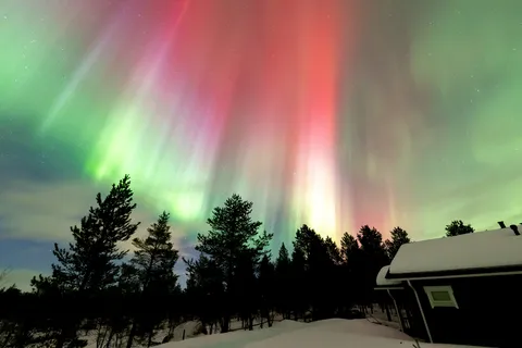 Piliers d’aurore rouge au-dessus des pins et d’un chalet enneigé, Finlande — Nicolas Marincic