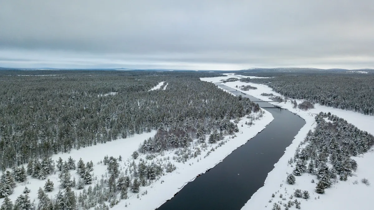 Rivière sombre à travers la taïga enneigée, vue aérienne, Finlande — Nicolas Marincic