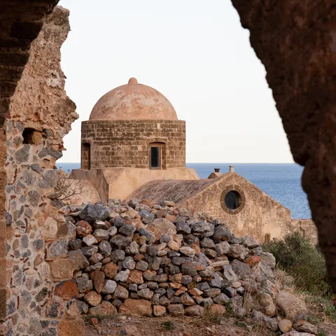 Byzantine dome framed by ruined walls, Monemvasia, Greece — Nicolas Marincic