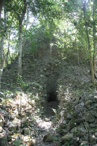 Looted mound and looters’ trench in the forest, Naachtun area, Guatemala — Nicolas Marincic