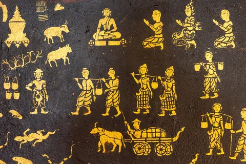 Village life in gold stencil on black lacquer, Luang Prabang, Laos — Nicolas Marincic