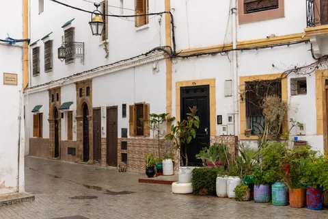White street with potted plants, Kasbah of the Udayas, Morocco — Nicolas Marincic