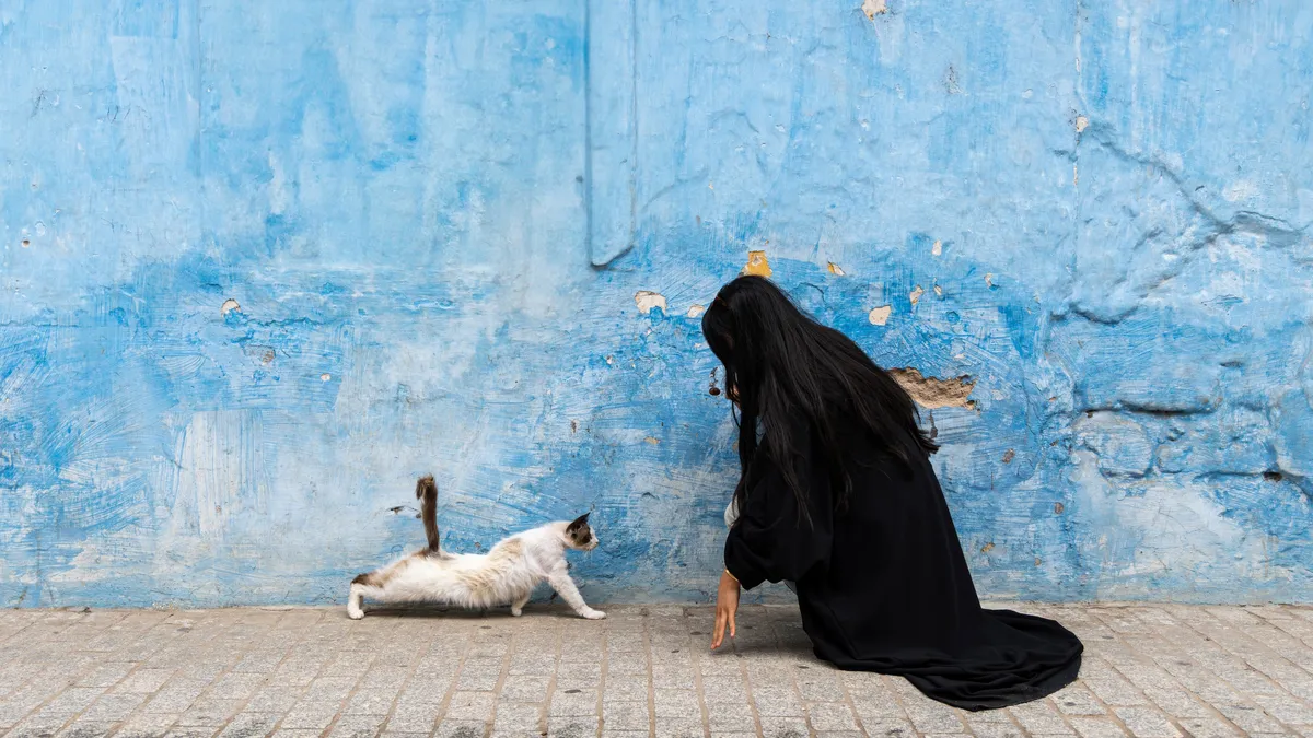 Woman and cat by a blue wall, Morocco — Nicolas Marincic