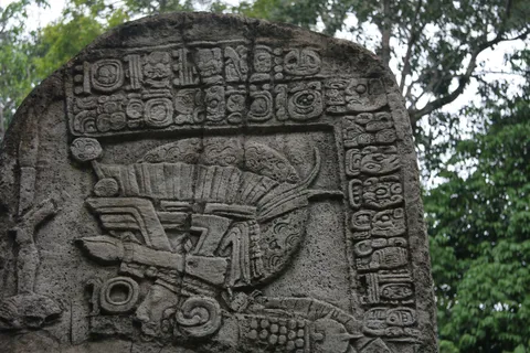 Ruler’s headdress and glyphs on a stela, Aguateca, Guatemala — Nicolas Marincic