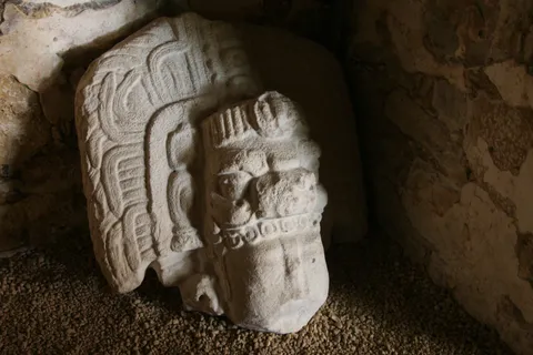 Tête sculptée dans un temple, Yaxchilán, Mexique — Nicolas Marincic