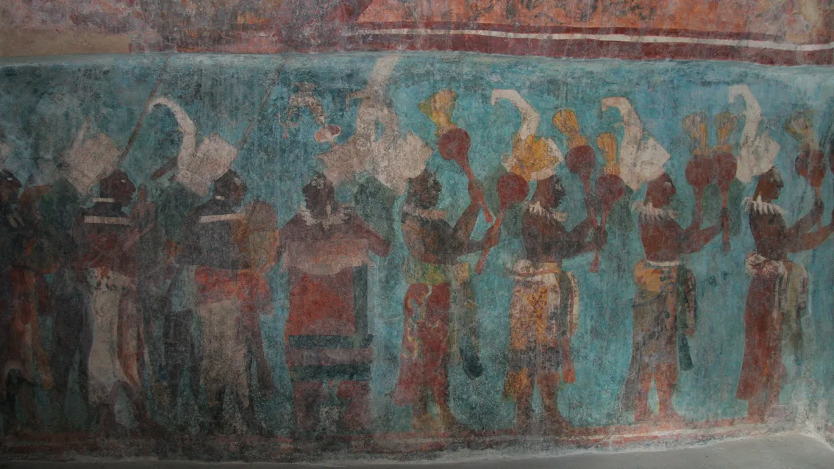 Musiciens et nobles sur fond turquoise, fresques de Bonampak, Mexique — Nicolas Marincic