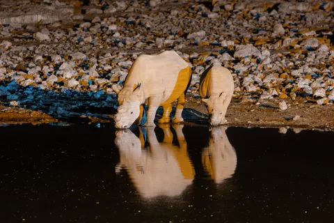 Two rhinos at the floodlit waterhole, Okaukuejo, Namibia — Nicolas Marincic