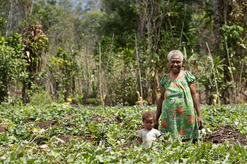 Femme et enfant dans un jardin potager, Papouasie — Nicolas Marincic