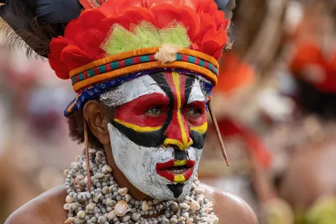 Painted face beneath a red feather headdress, Papua — Nicolas Marincic
