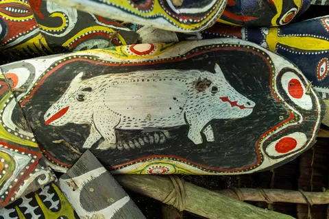 Painted pig on a carved board, haus tambaran, Papua — Nicolas Marincic