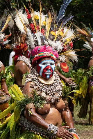 Dancer in feathers and shells, Mount Hagen Show, Papua — Nicolas Marincic