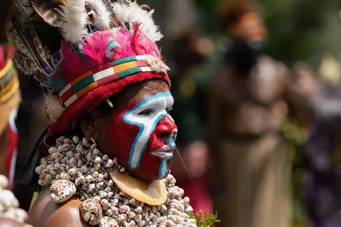 Red and blue painted face in profile, Mount Hagen Show, Papua — Nicolas Marincic