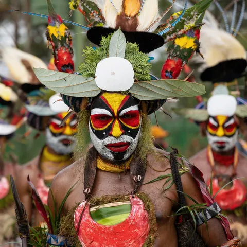Black, yellow and red face, leaf headdress, Mount Hagen Show, Papua — Nicolas Marincic