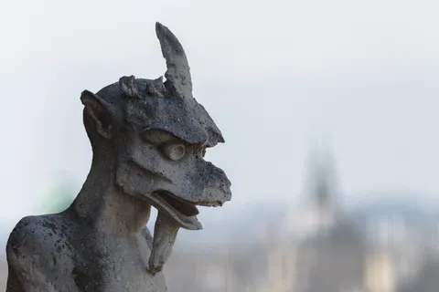 Chimère cornue de Notre-Dame sur Paris dans la brume, France — Nicolas Marincic