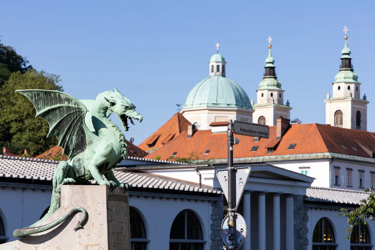 Dragon Bridge and cathedral domes, Ljubljana, Slovenia — Nicolas Marincic