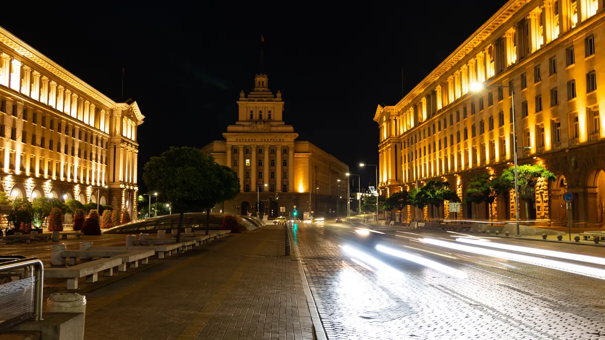 The Largo and former Party House at night, Sofia, Bulgaria — Nicolas Marincic