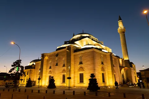 Illuminated Ottoman mosque at blue hour, Konya, Turkey — Nicolas Marincic