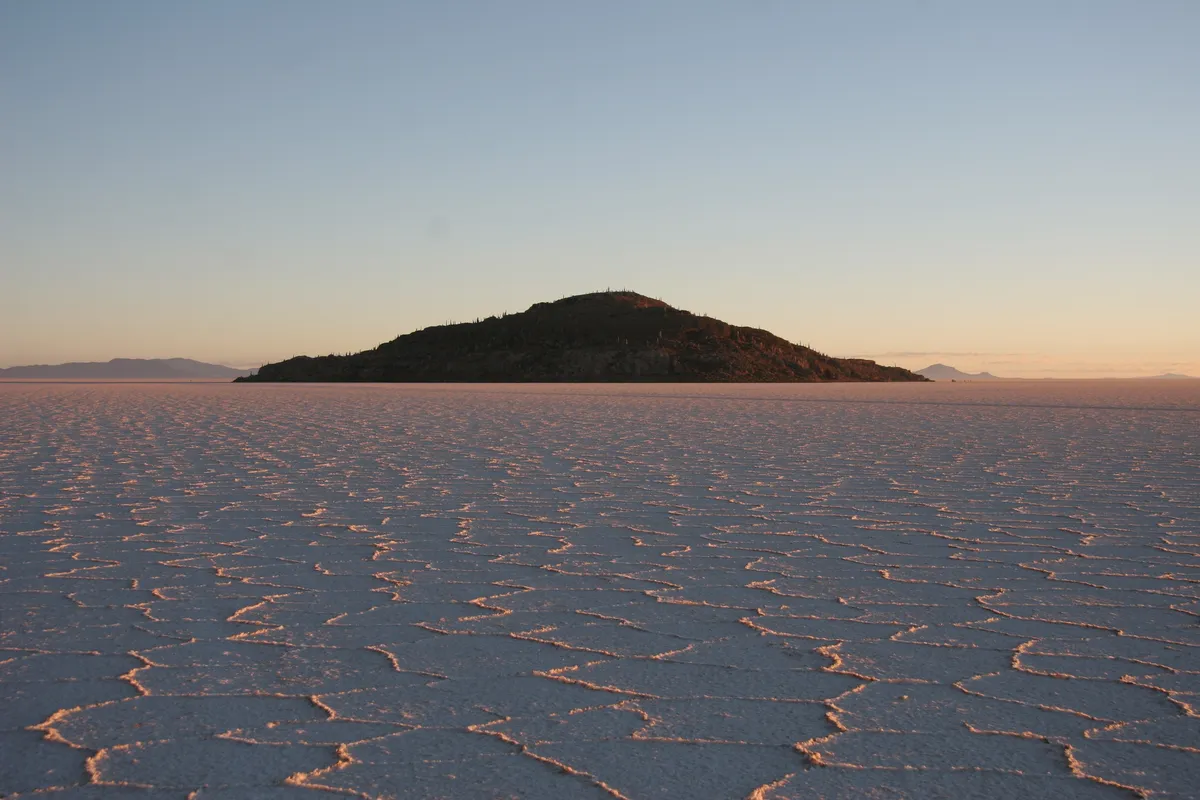 Isla Incahuasi and salt hexagons at sunrise, Bolivia — Nicolas Marincic