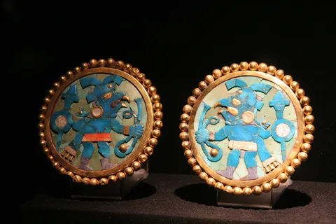 Moche gold and turquoise ear ornaments, Museo Larco, Peru — Nicolas Marincic