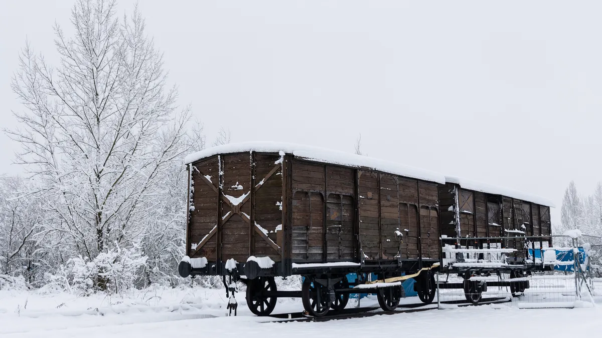 Wagon de déportation dans la neige, Auschwitz-Birkenau, Pologne — Nicolas Marincic