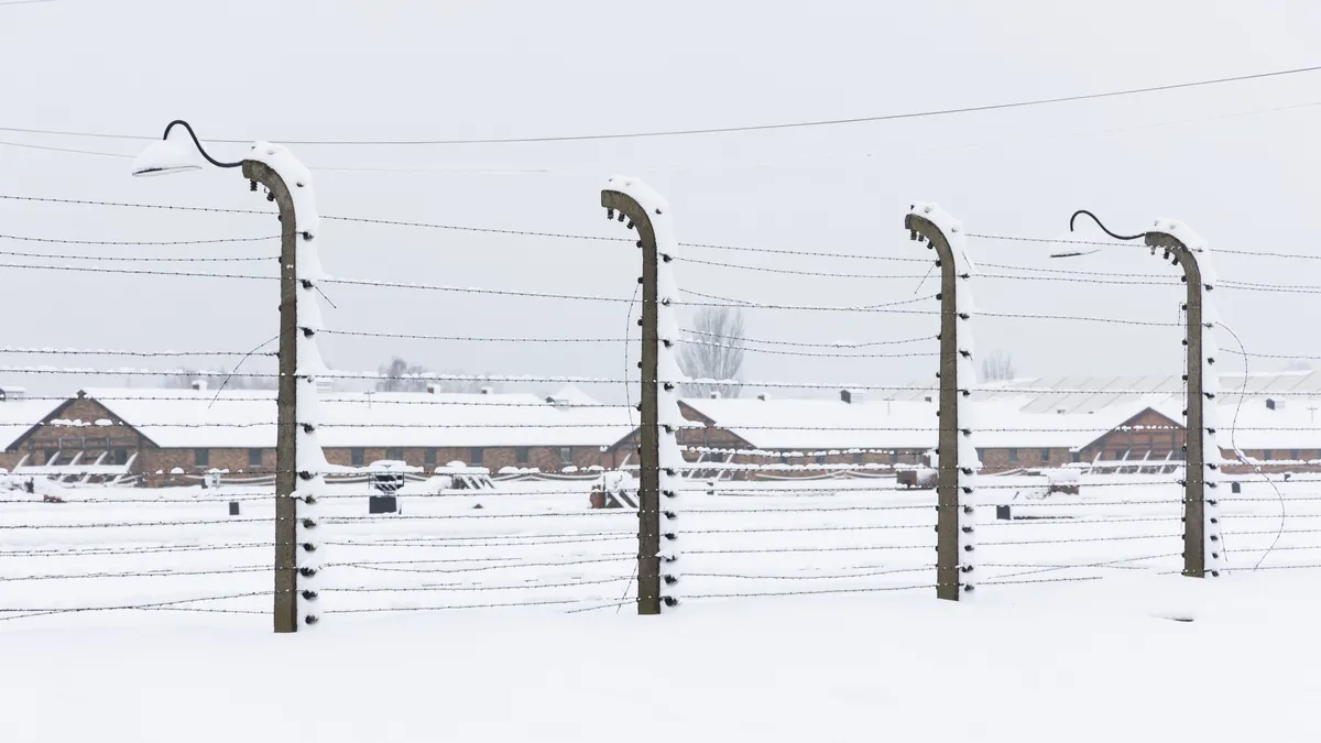 Poteaux de clôture et baraques sous la neige, Birkenau, Pologne — Nicolas Marincic