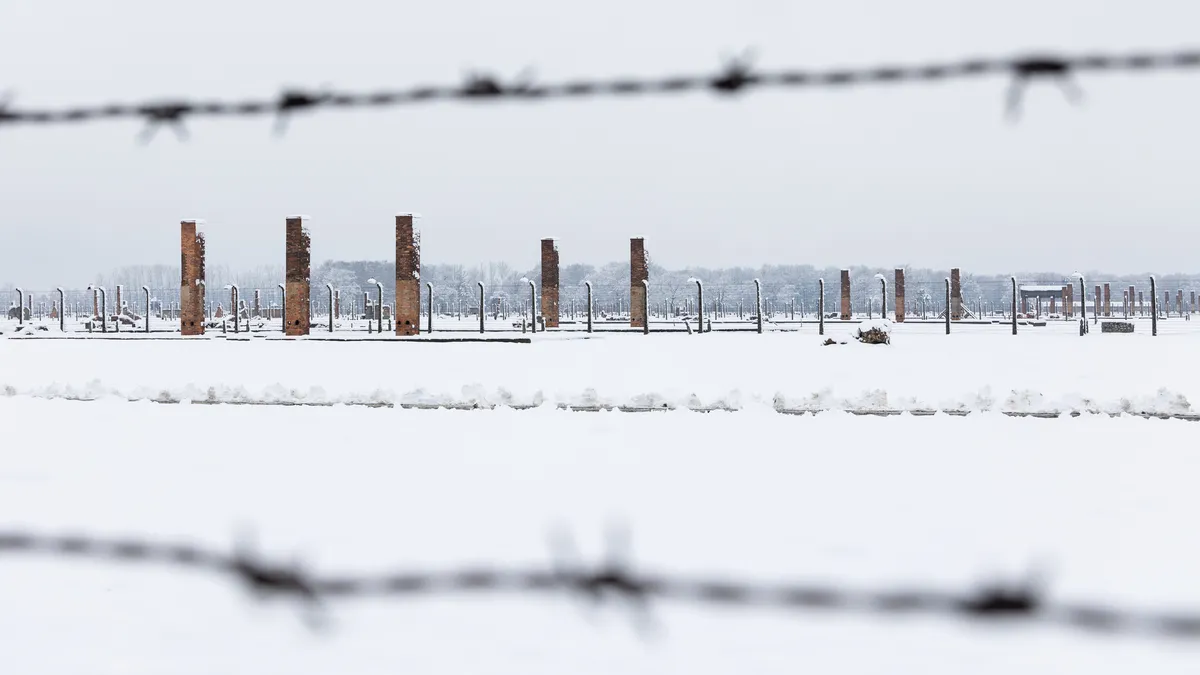 Barbelés et cheminées en ruine dans la neige, Birkenau, Pologne — Nicolas Marincic