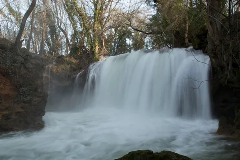 Large cascade voilée de brume dans les bois d’hiver, France — Nicolas Marincic