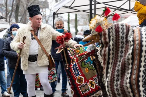Masked folk dancers in traditional costume, Bucharest, Romania — Nicolas Marincic