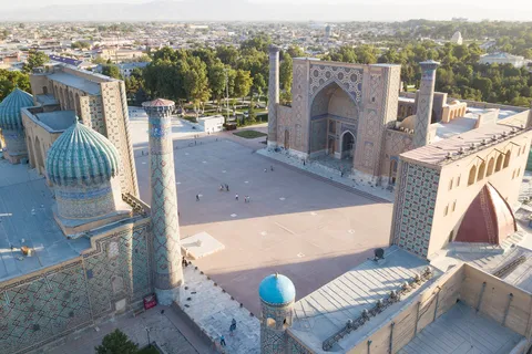 Oblique aerial view over the Registan, Samarkand, Uzbekistan — Nicolas Marincic