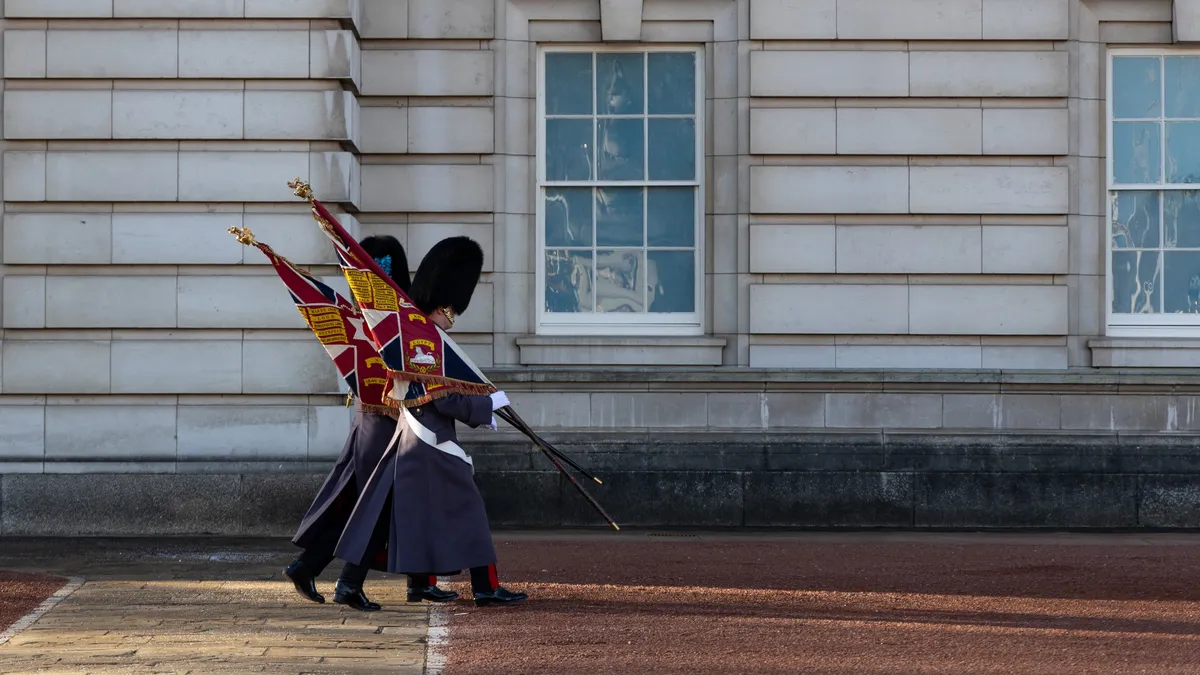 Bearskin-clad guards carrying the colours, United Kingdom — Nicolas Marincic