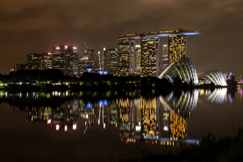 Marina Bay skyline reflected at night from Gardens by the Bay, Singapore — Nicolas Marincic