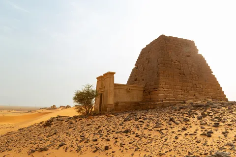 Meroë pyramid with its chapel and an acacia, Sudan — Nicolas Marincic
