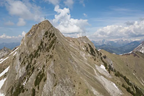 Rocky summit with a cross, Swiss Prealps, aerial view, Switzerland — Nicolas Marincic