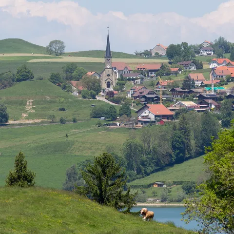 Village et clocher dans les collines de Gruyère, Suisse — Nicolas Marincic