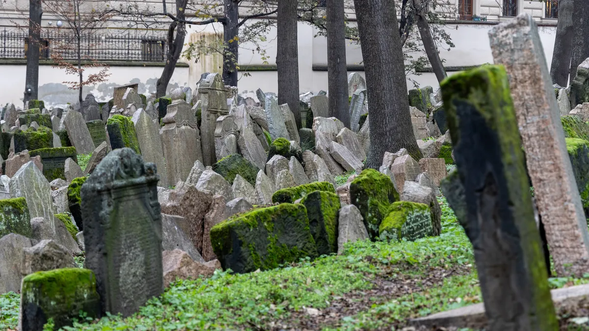 Crowded mossy tombstones, Old Jewish Cemetery, Prague, Czechia — Nicolas Marincic