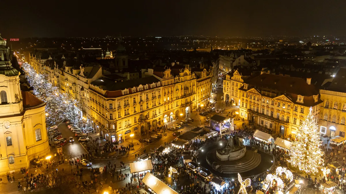 Old Town Square Christmas market from above at night, Prague, Czechia — Nicolas Marincic