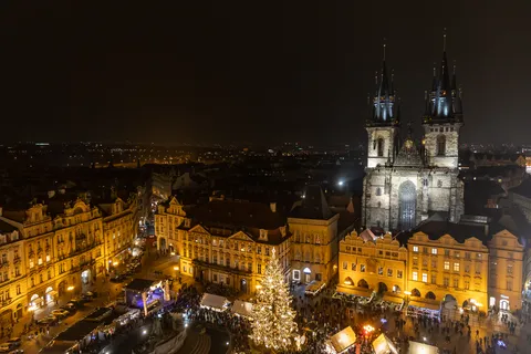 Old Town Square, Týn Church and Christmas market at night, Prague, Czechia — Nicolas Marincic
