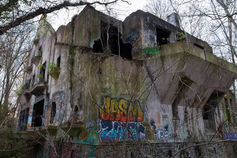 Ruined concrete mansion in winter woods, France — Nicolas Marincic